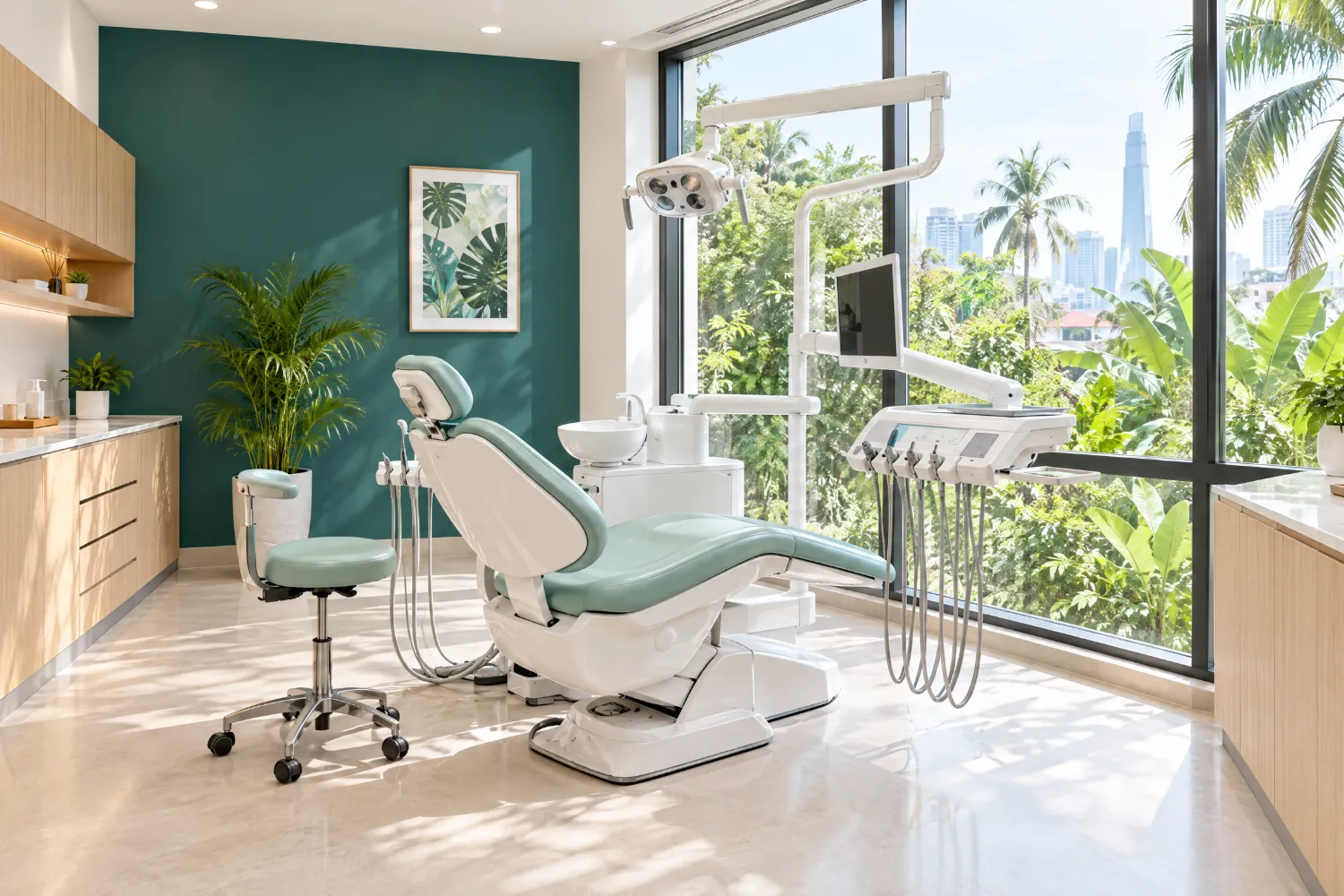 A bright dental treatment room with wood cabinets and a teal wall
