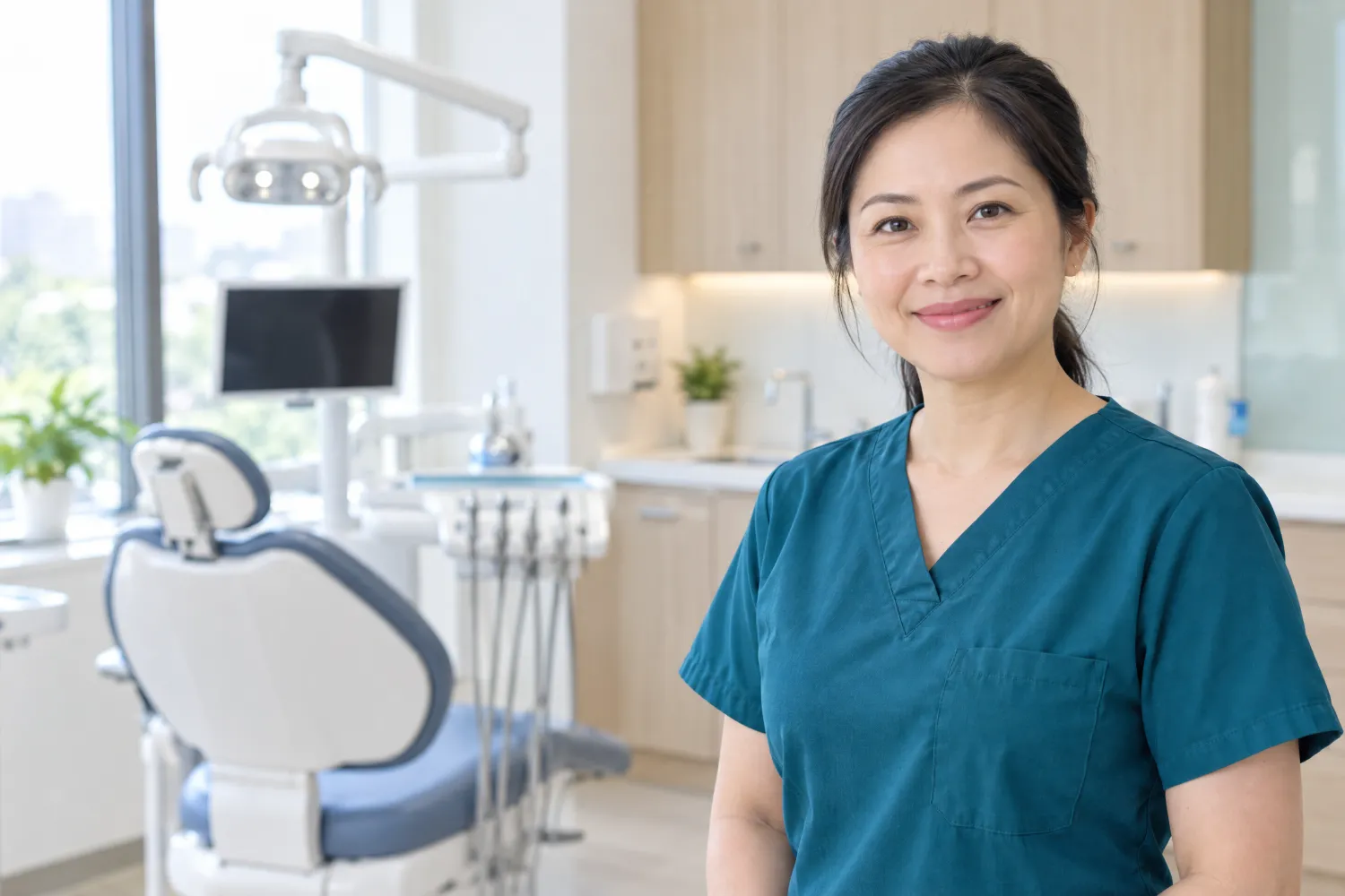 A smiling dentist in teal scrubs in a treatment room
