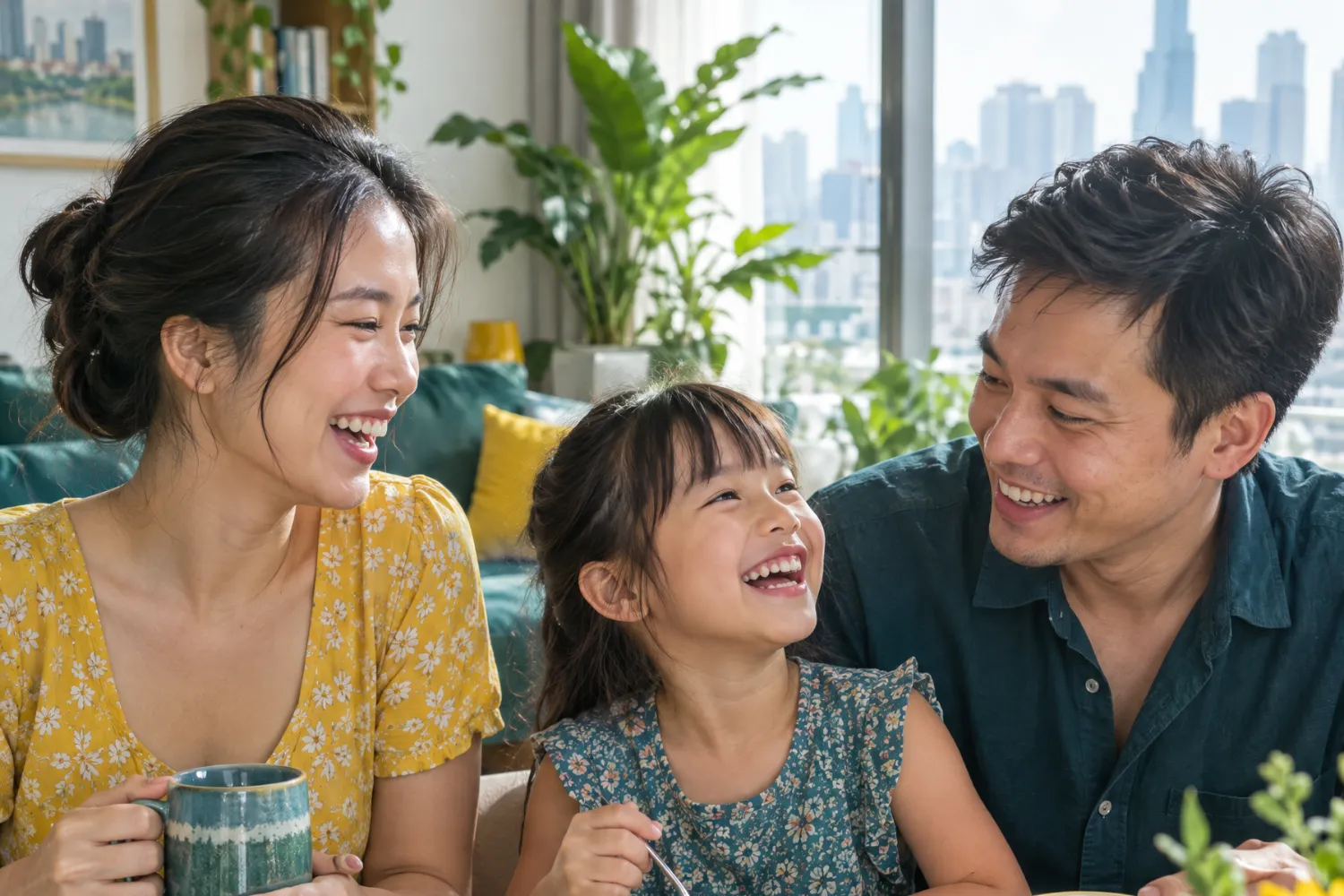 A family of three laughing at breakfast
