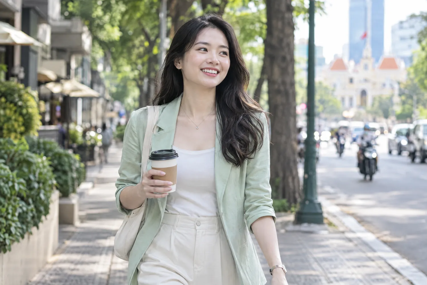 A young woman smiling on a Ho Chi Minh City street