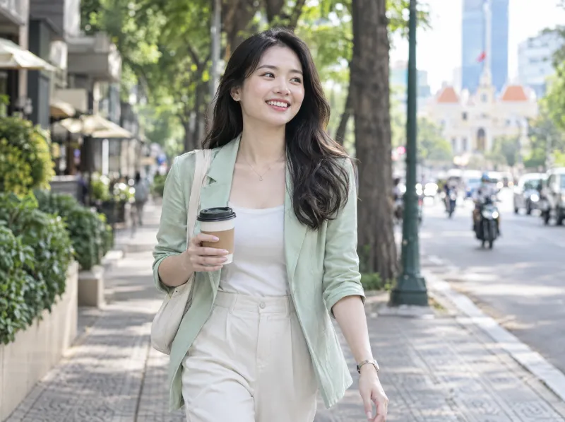 Cô gái văn phòng mỉm cười trên phố